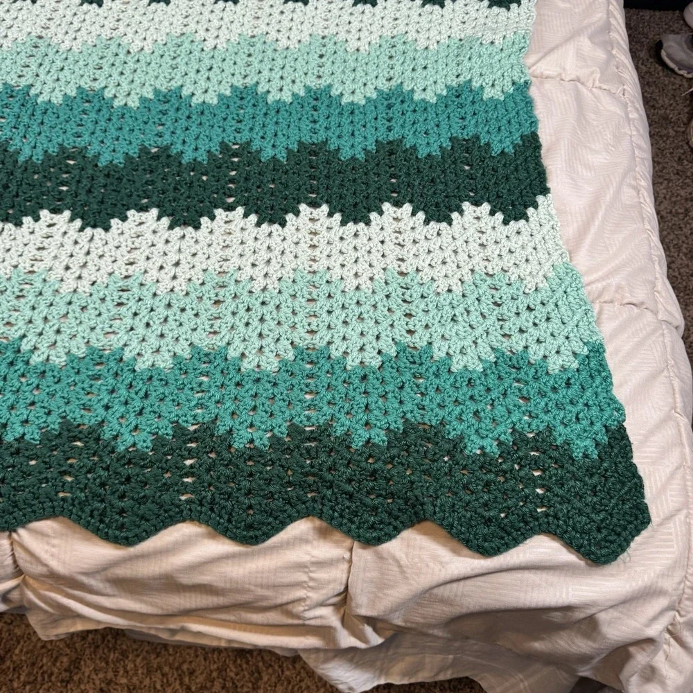 Handmade Turquoise Green Ombre Chevron Crochet Blanket 46